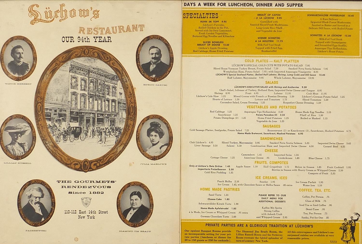 Six vintage menus including Quo Vadis Restaurant, some with signatures, the largest overall 81cm x - Image 2 of 18