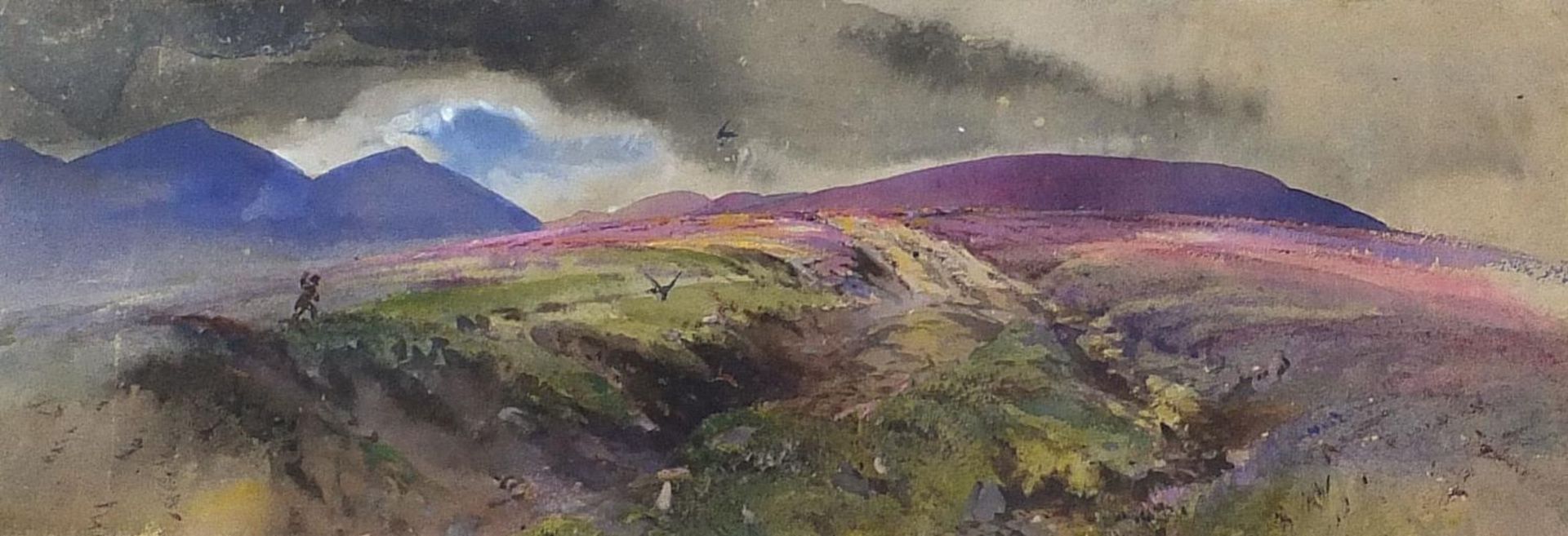 Falconer on the moors with falcons, watercolour, mounted, framed and glazed, 52cm x 18cm excluding