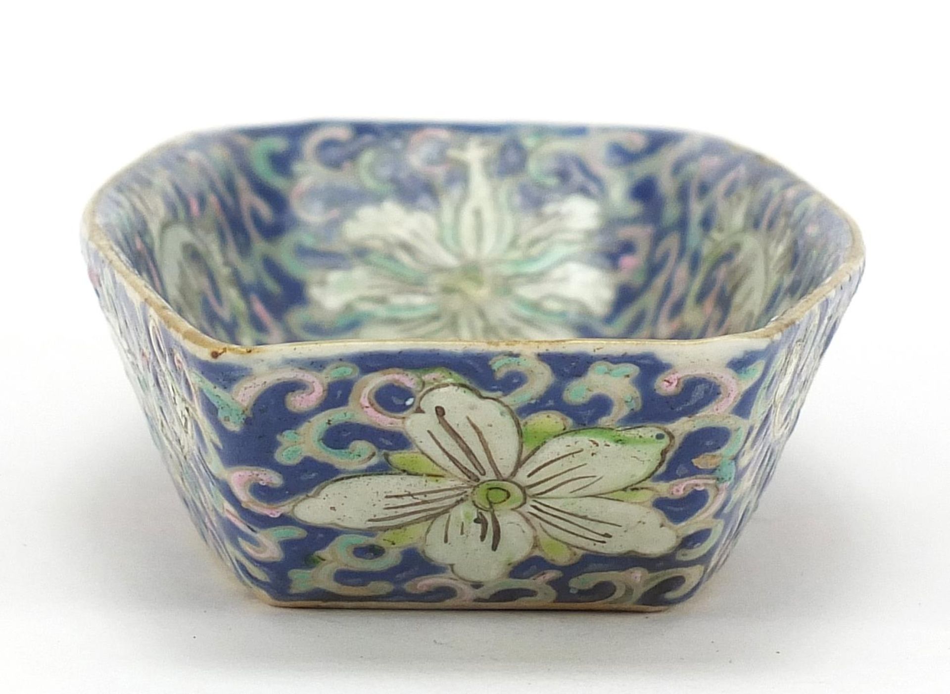 Chinese porcelain blue ground saucer hand painted with flowers, 15.5cm in length : For Further - Image 3 of 8