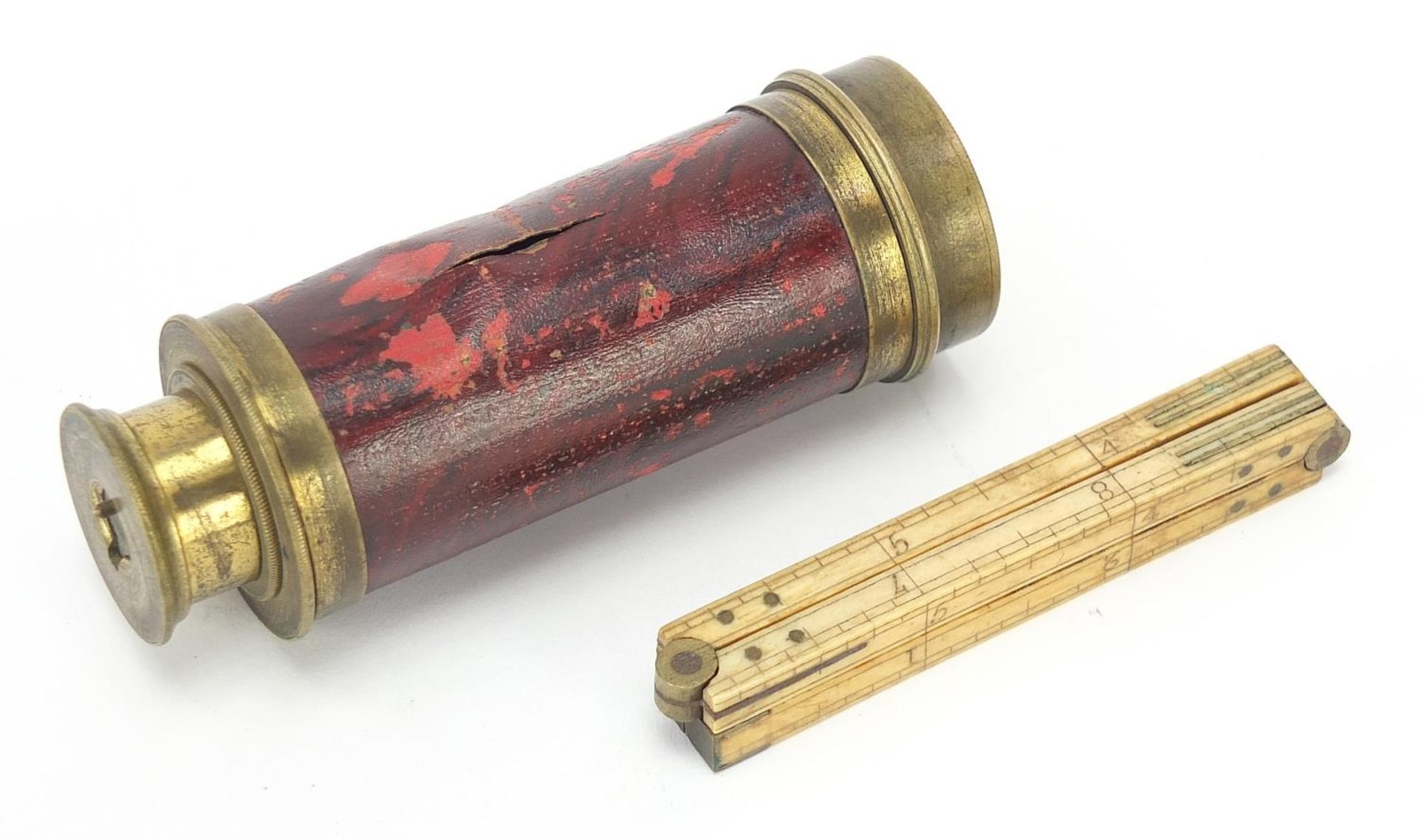 19th century folding ivory rule and two draw brass telescope, the largest 9cm in length when - Bild 7 aus 8