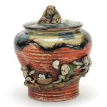 Japanese Sumida Gawa pottery jar and cover with monkey knop, incised character marks to the base,