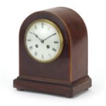 Edwardian line inlaid mahogany dome topped mantle clock striking on a gong, 25cm high : For