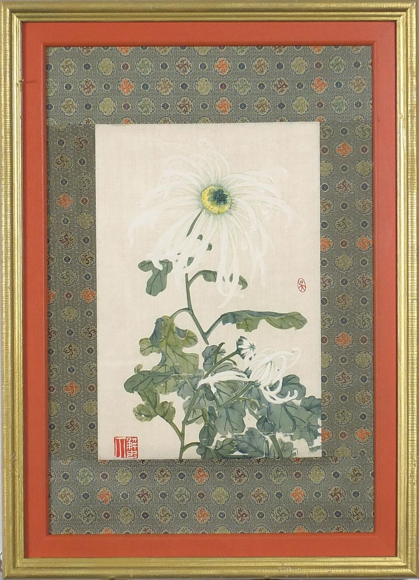 Leaves and flowers, set of three Chinese watercolours on silks, each with red seal marks, mounted, - Image 3 of 15