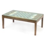 Barbara Leslie design brass mounted wooded and glass chess table, 41cm H x 102cm W x 61.5cm D :