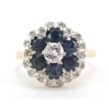 18ct gold sapphire and diamond flower head ring, size L/M, 4.5g : For Further Condition Reports