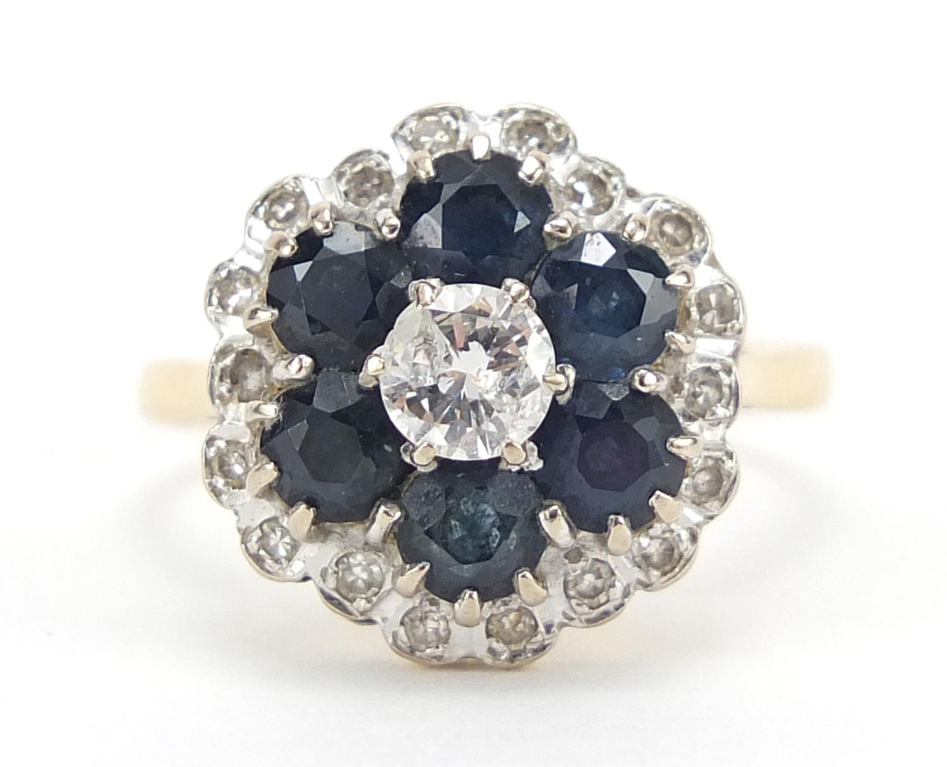 18ct gold sapphire and diamond flower head ring, size L/M, 4.5g : For Further Condition Reports