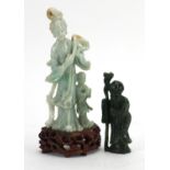 Chinese spinach green jade carving of Shou Lao and a jadeite carving of Guanyin with a child