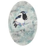 Joy Parsons - Young magpie, signed oval watercolour, The Mall Galleries Exhibition label verso,
