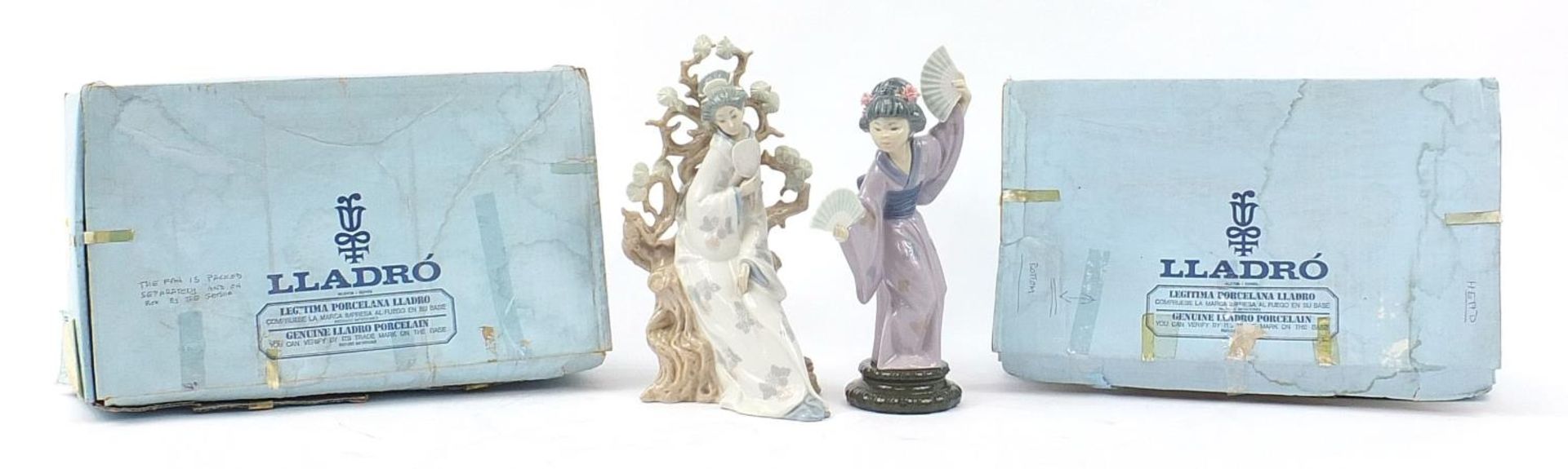 Two Lladro Geisha girls with boxes, number 4807 and 4991, the largest 31cm high : For Further