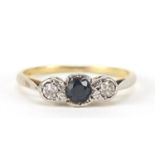 Unmarked gold sapphire and diamond three stone ring, size L, 2.2g : For Further Condition Reports