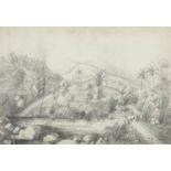 H D'Anglebarmes - View from the garden on Tabery Estate, pencil, details verso, mounted framed and