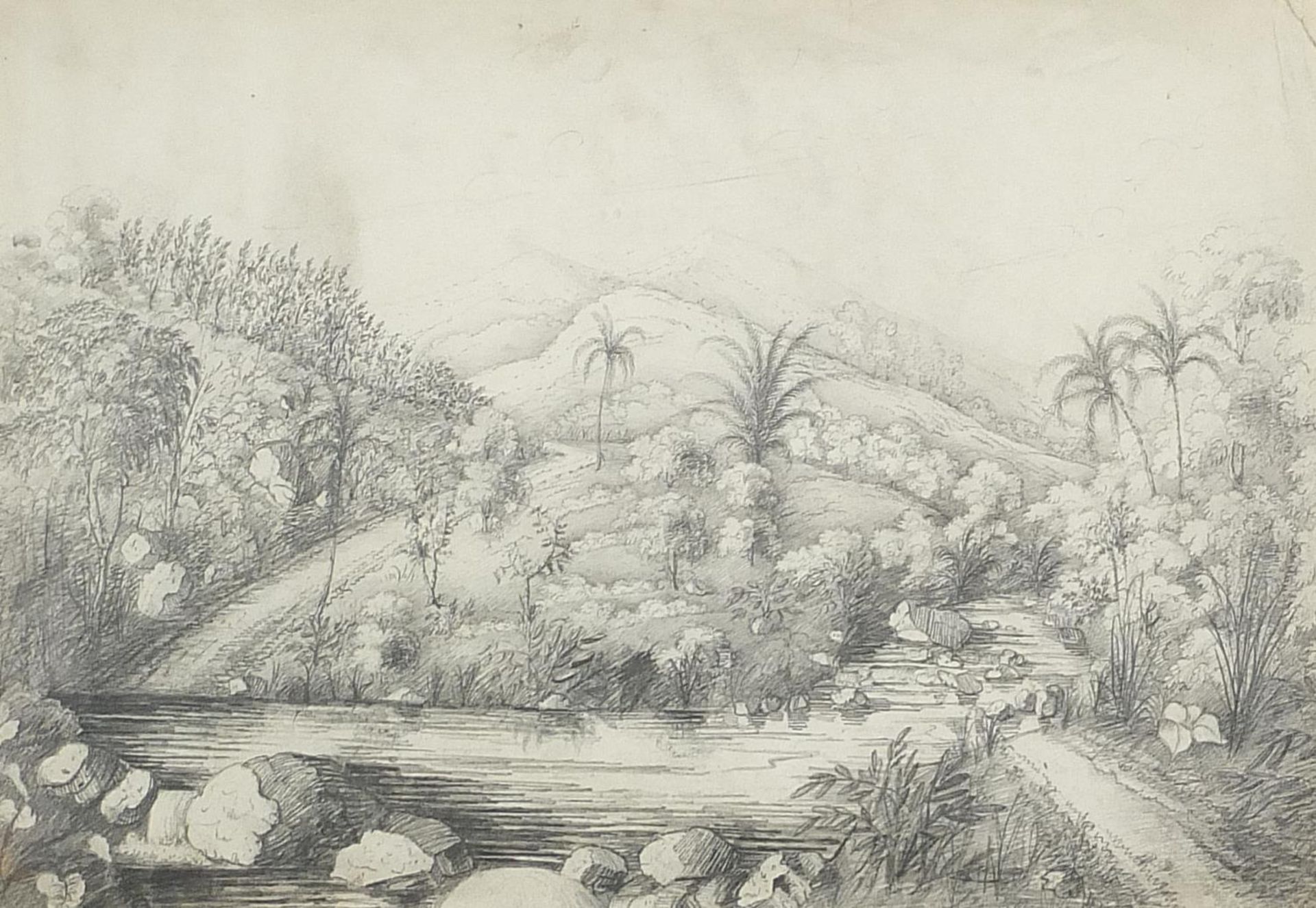 H D'Anglebarmes - View from the garden on Tabery Estate, pencil, details verso, mounted framed and