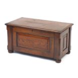 Oak blanket box with fielded panels and hinged lid, 46cm H x 89cm W x 47cm D : For Further Condition