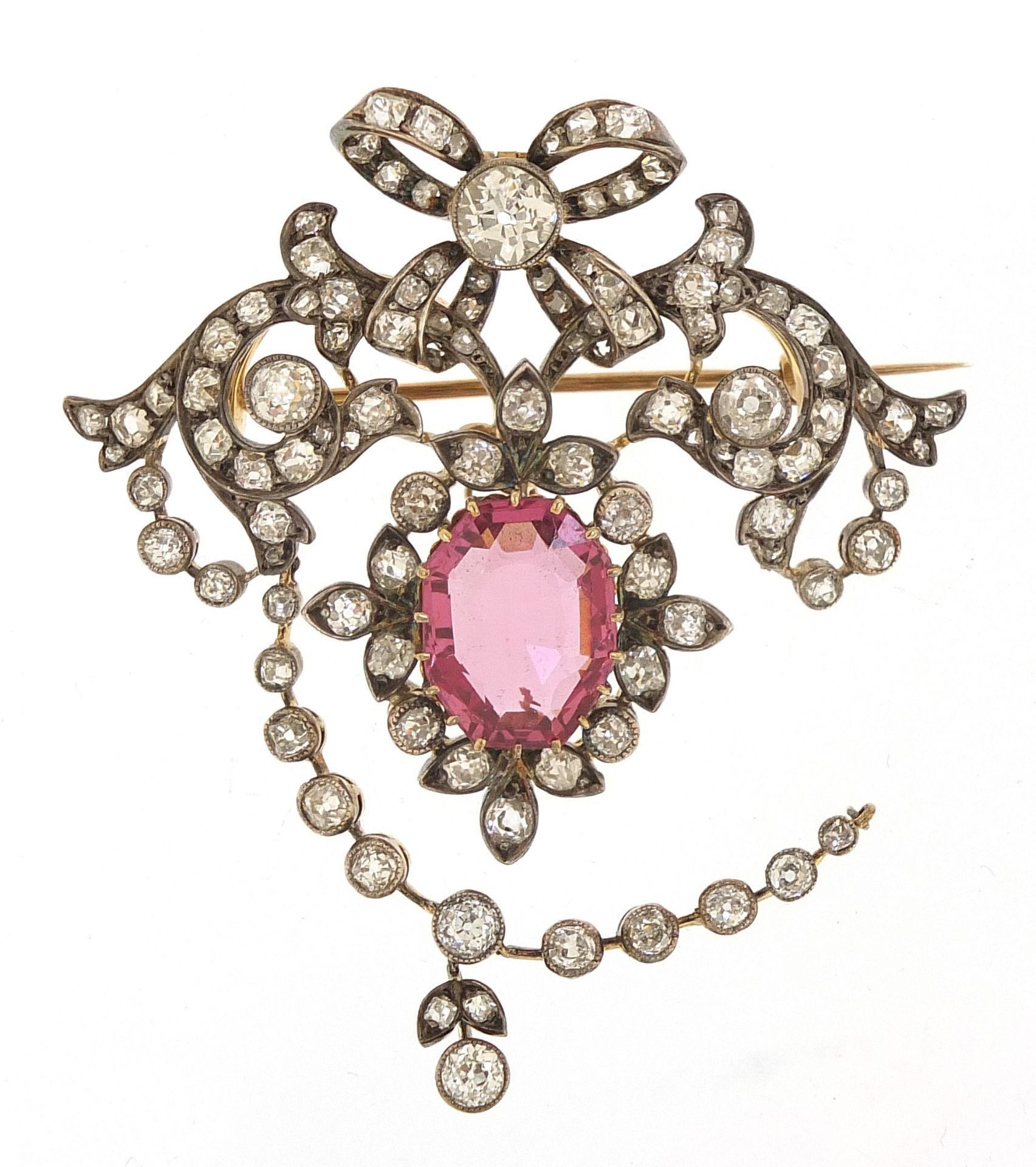 Impressive 19th century diamond and pink sapphire pendant brooch set with approximately one - Image 8 of 12