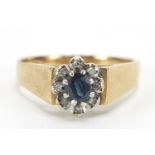 9ct gold sapphire and diamond cluster ring, size P, 3.7g : For Further Condition Reports Please