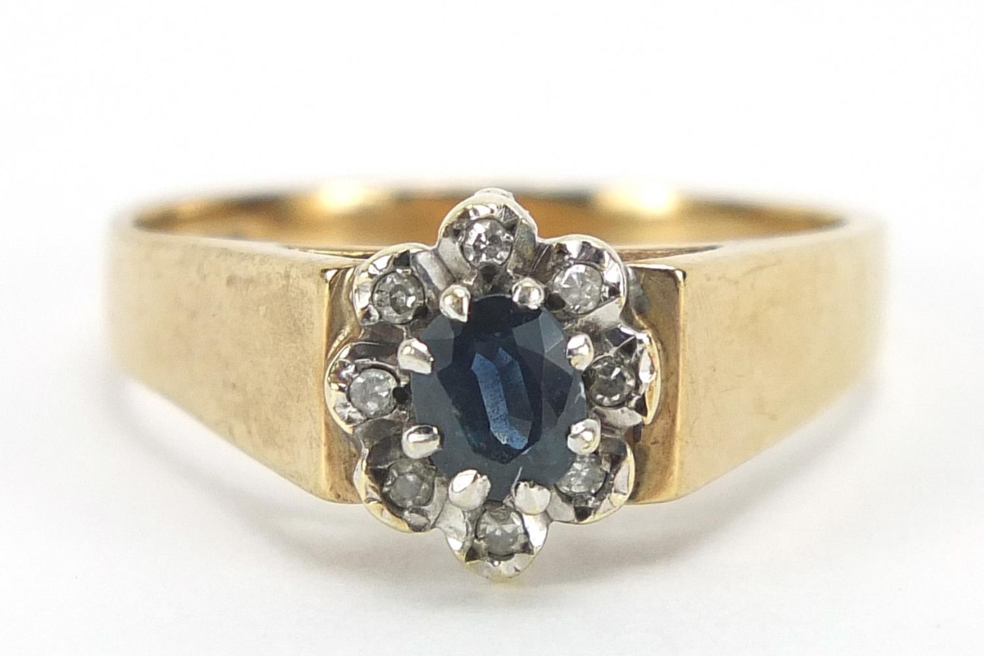 9ct gold sapphire and diamond cluster ring, size P, 3.7g : For Further Condition Reports Please