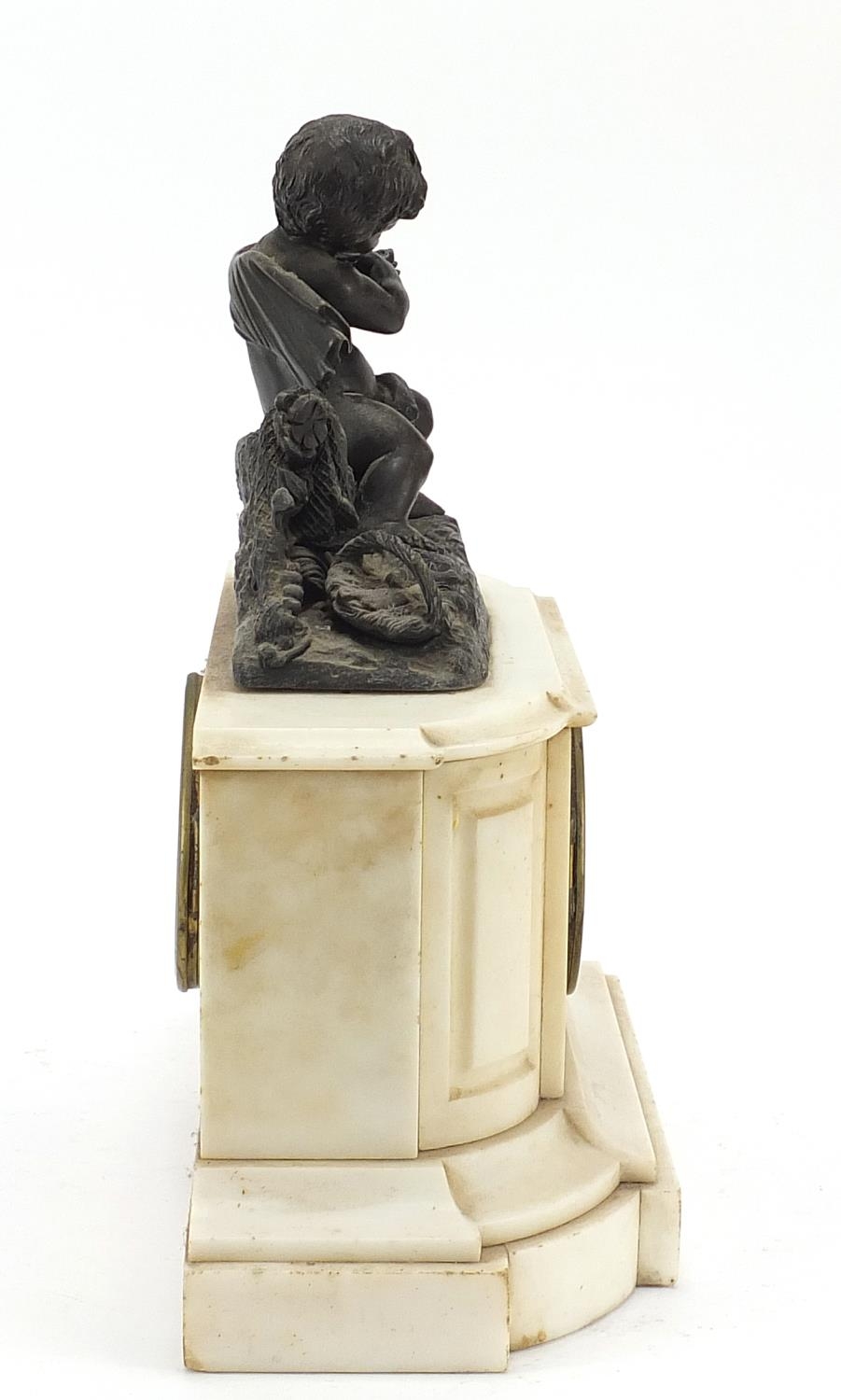 19th century French white marble mantle clock striking on a bell, surmounted with a bronzed figure - Image 15 of 16