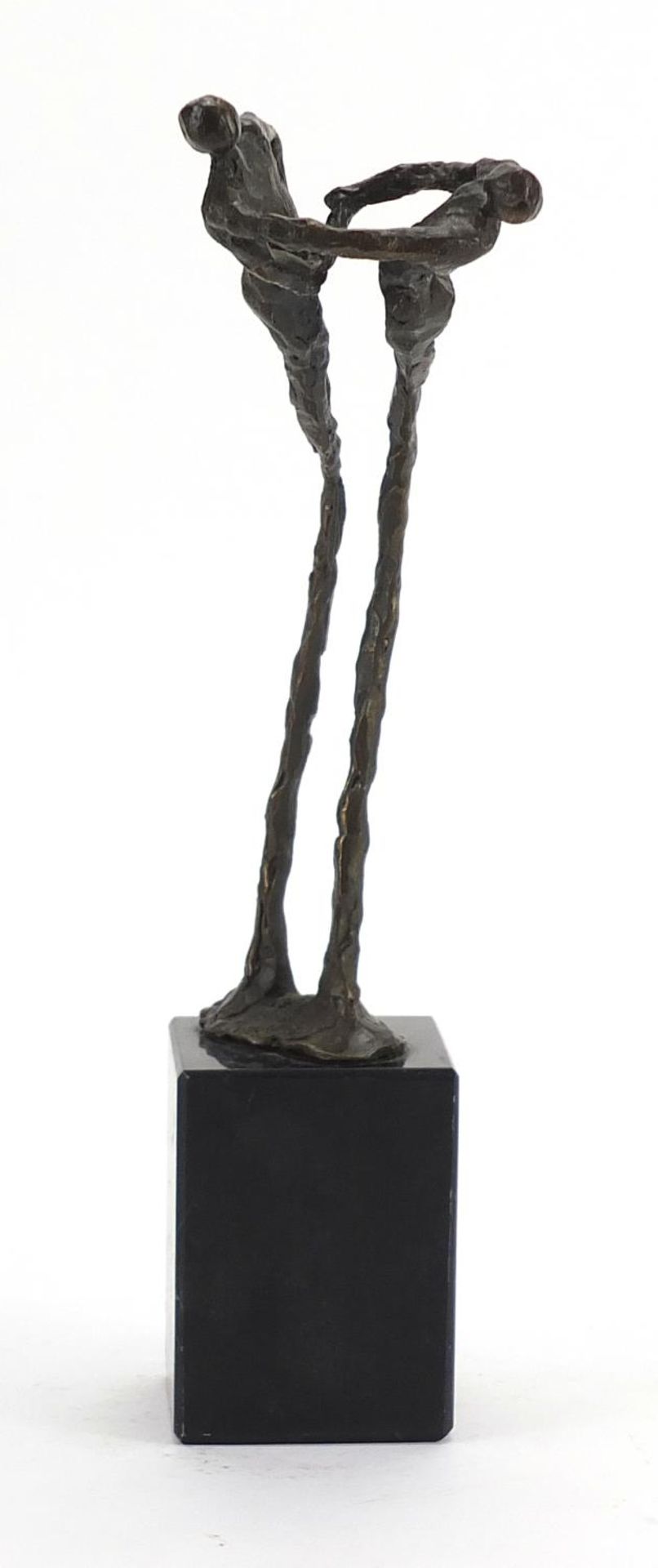 Modernist patinated bronze study of two figures raised on a square marble base, 25cm high : For - Bild 3 aus 5