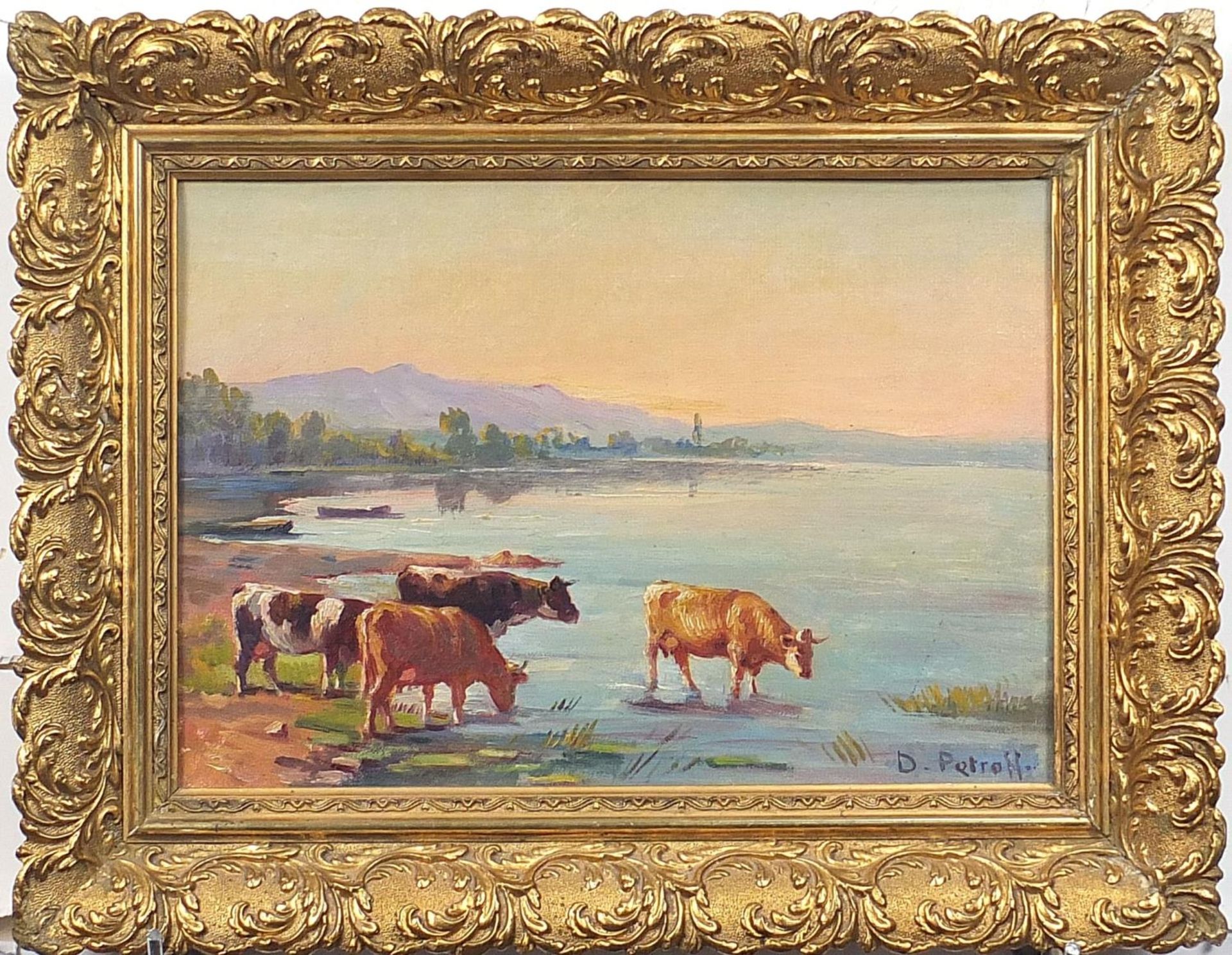 Cows beside water, continental school oil on board, indistinctly signed, possibly D Petrott, - Image 2 of 6