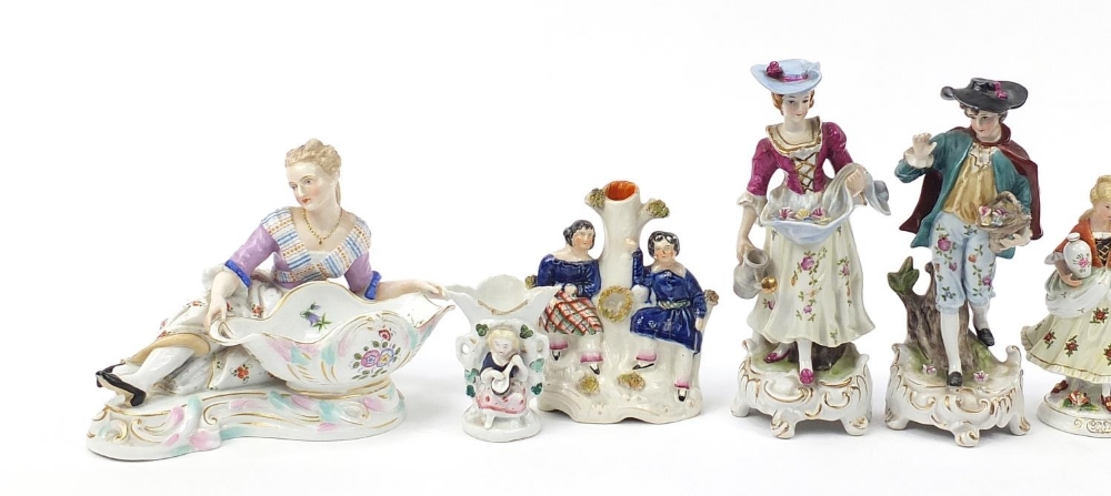 Continental and Staffordshire porcelain figures including a pair of sweetmeat dishes, the largest - Image 2 of 5