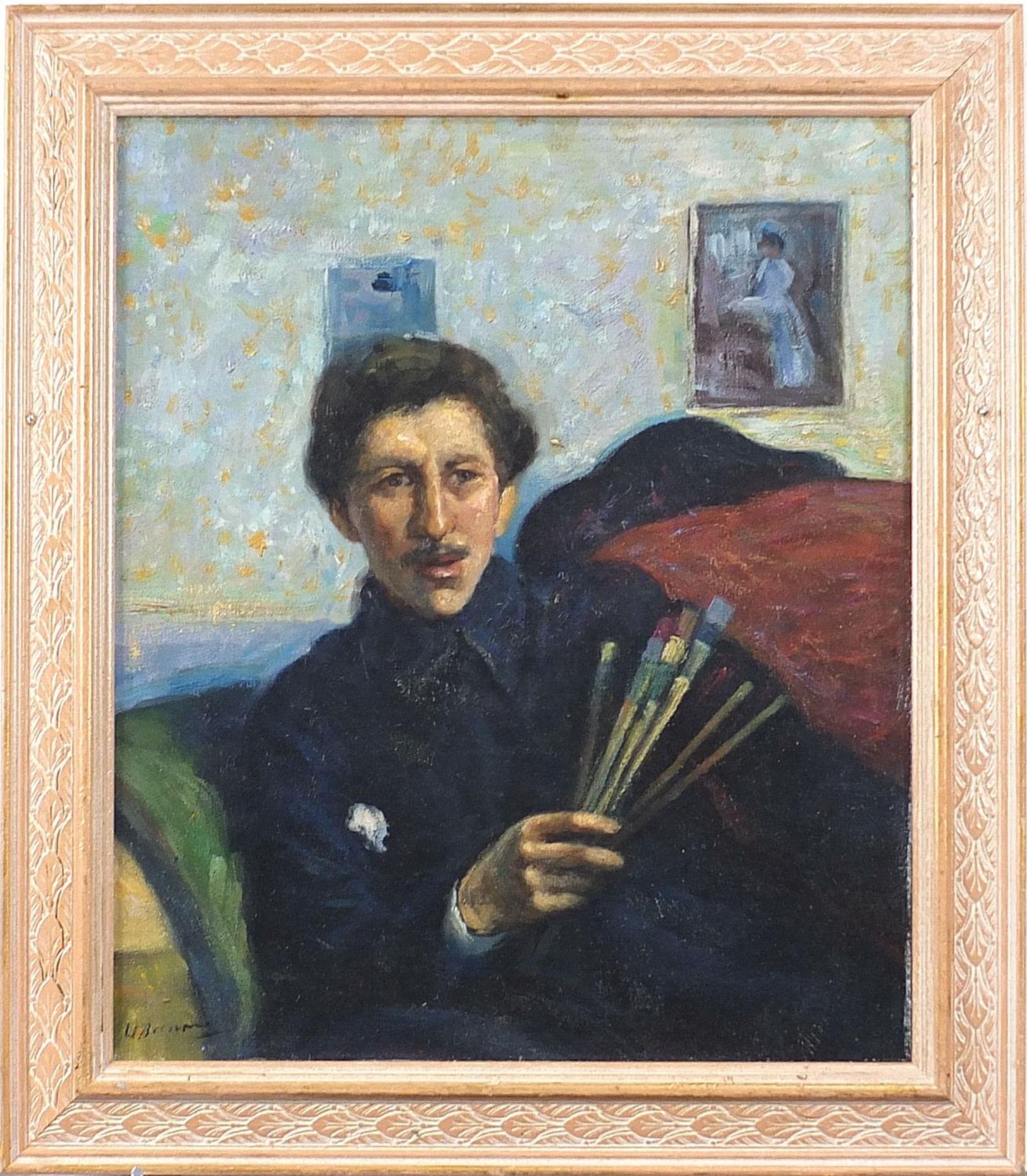 Top half portrait of an artist, Italian school oil on board, mounted and framed, 43cm x 36cm - Image 2 of 4