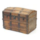 Antique wooden and metal bound dome top trunk, 69cm H x 90cm W x 50cm D : For Further Condition