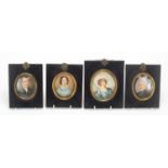Four Victorian oval hand painted portrait miniatures, including one of a lady wearing a bonnet,
