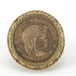 9ct gold Anthony & Cleopatra coin ring with pierced setting, size M, 5.5g : For Further Condition