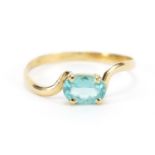 Unmarked gold blue stone ring, (tests as 18ct gold), possibly aquamarine or blue zircon, size O, 1.
