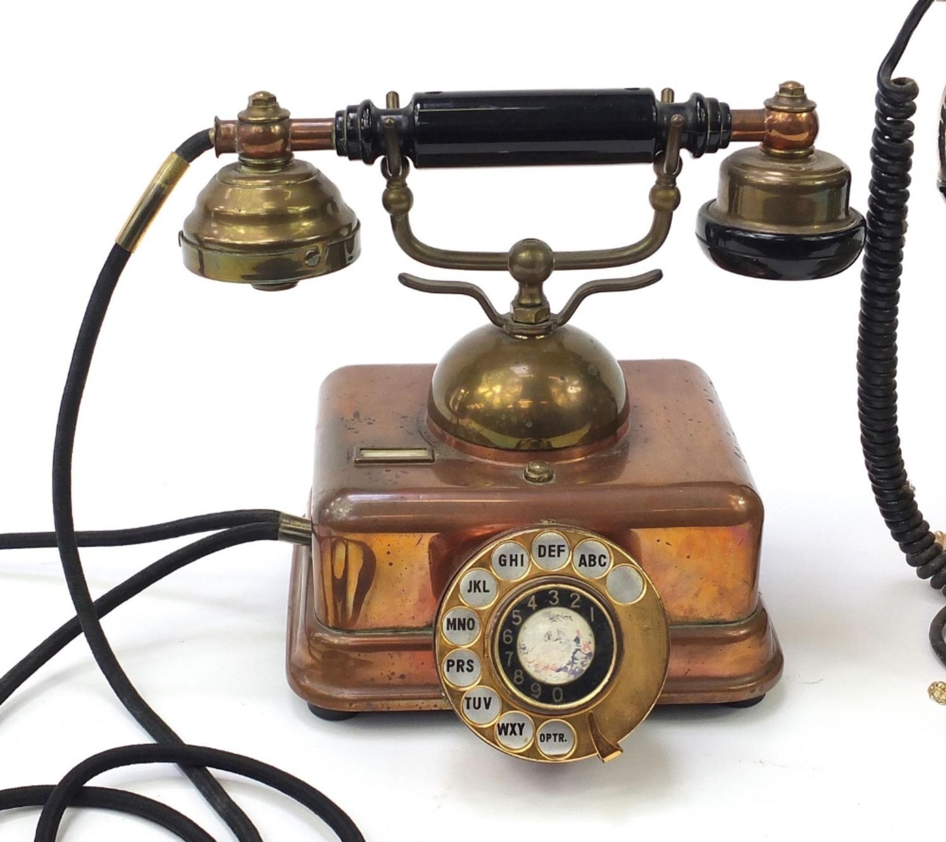 Vintage copper and brass dial telephone and an onyx example, the largest 27cm high : For Further - Image 2 of 6