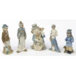 Five Spanish porcelain figures, one Nao including two clowns, the largest 24.5cm high : For
