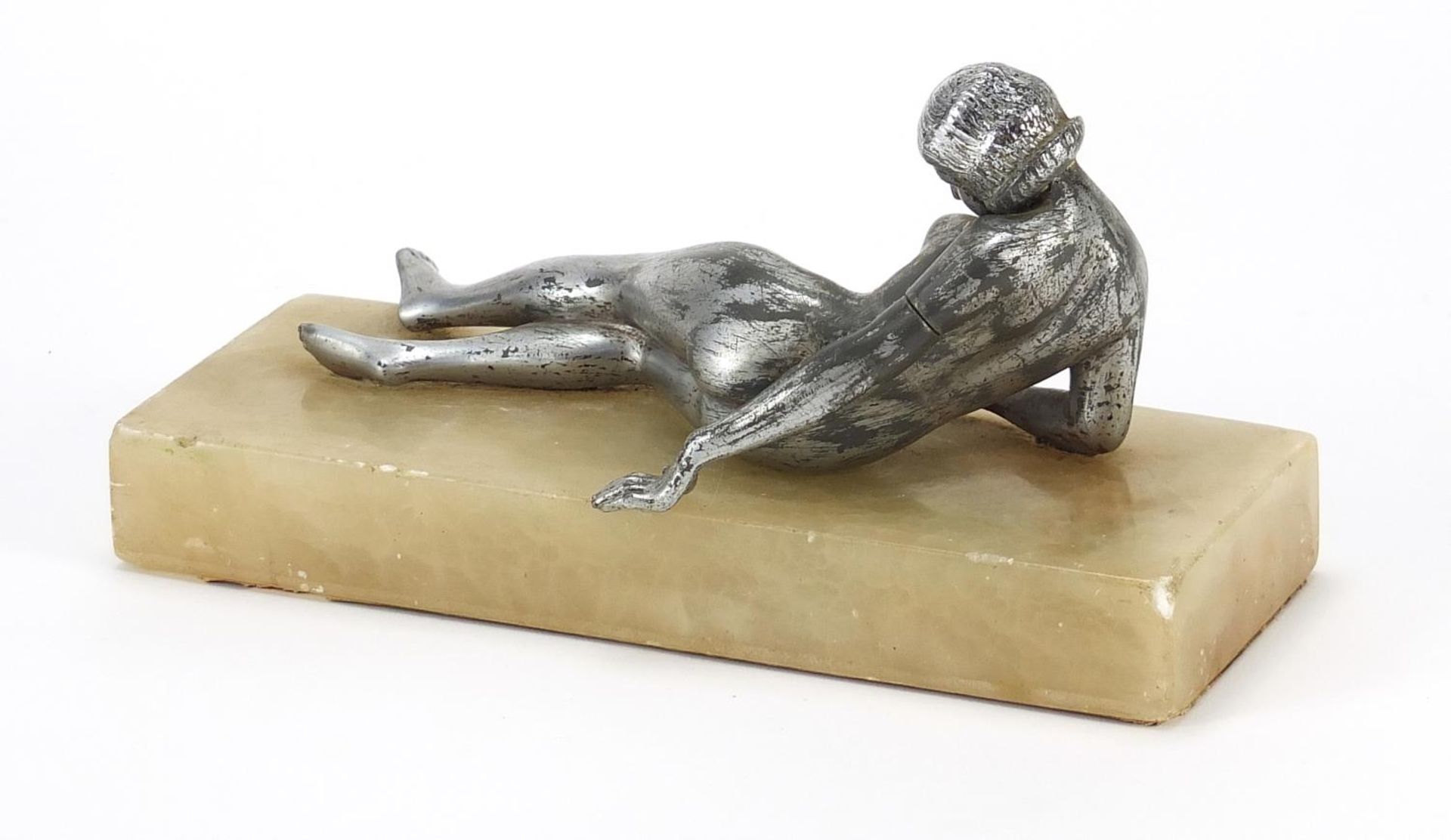 Art Deco design onyx desk weight surmounted with a silvered reclining nude female, 20.5cm wide : For - Image 2 of 3