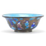 Chinese Canton enamel bowl enamelled with figures in a landscape with a pagoda, 17cm in diameter :