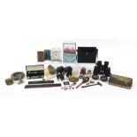 Objects and sundry items including Parker pen, ebonised rule, Victorian glass photo frames, ebony