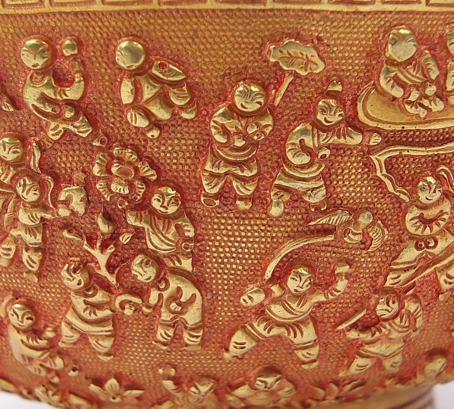 Chinese gilt bronze a thousand children bowl, six figure character marks to the base, 13.5cm in - Image 2 of 8