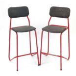 Pair of Danish 1970's metal framed stools with black leather upholstery by Walker, 94cm high : For