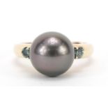 14ct gold pearl and blue diamond ring, possibly Tahitian pearl, size N, 5.0g : For Further Condition