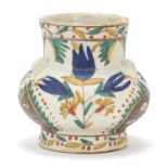 Turkish Kutahya pottery vase with handles, hand painted with flowers, 10cm high : For Further