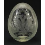Faberge, Russian etched glass egg paperweight, paper label to the base, 10.5cm high : For Further