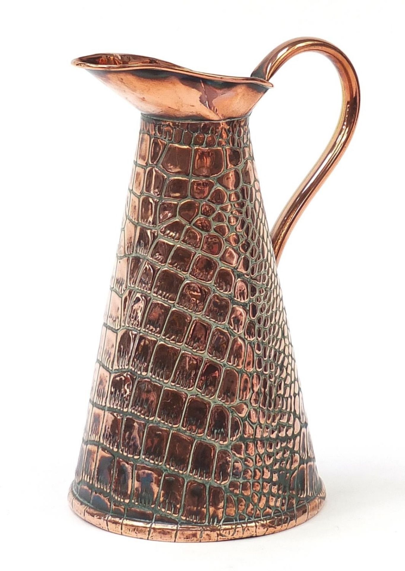 Arts & Crafts crocodile skin design copper jug, 28cm high : For Further Condition Reports Please