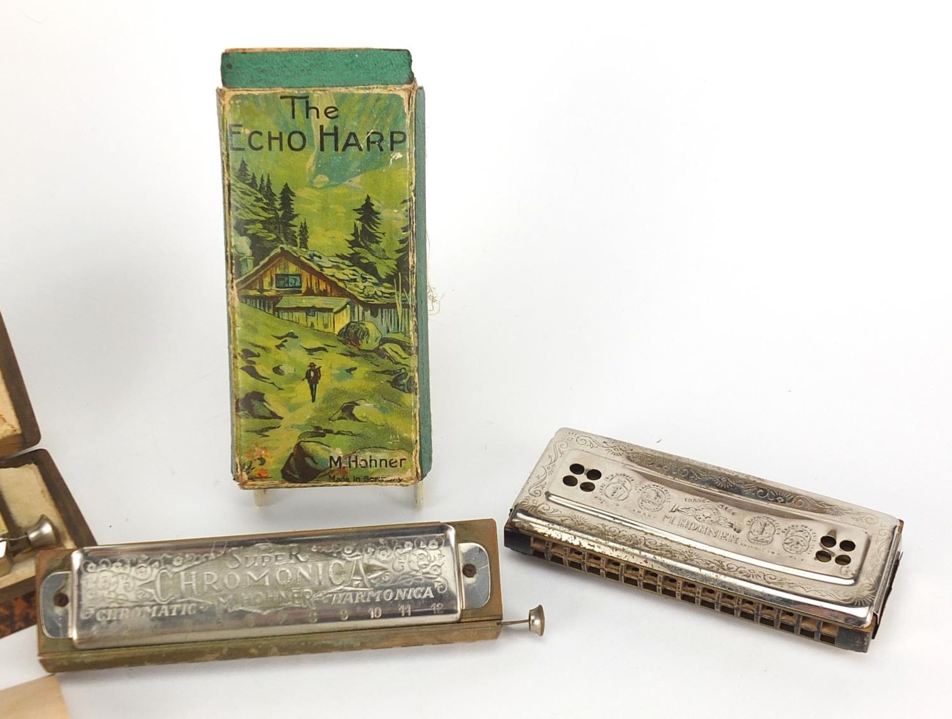 Three vintage harmonicas including The 64 Chromonica by Hohner, Super Chromonica by Hohner and - Bild 6 aus 6