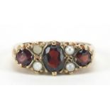 Victorian design 9ct gold garnet and pearl ring, size Q, 3.6g : For Further Condition Reports Please