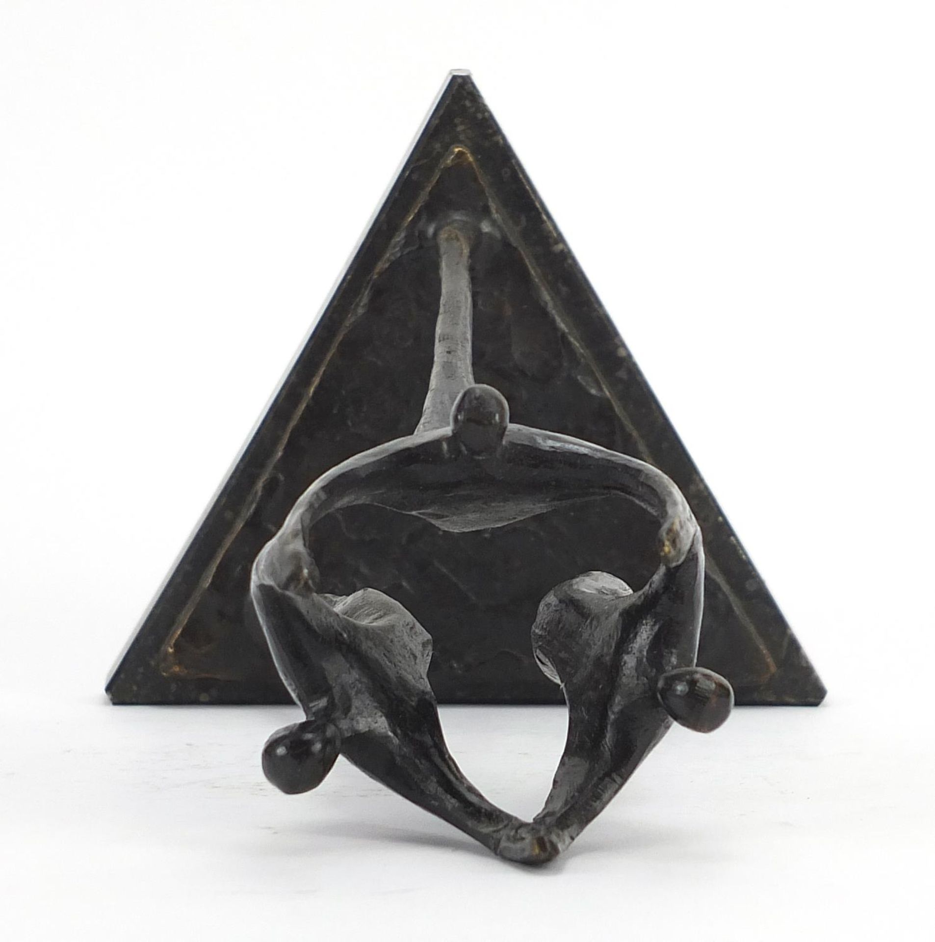 Modernist patinated bronze study of three figures raised on a triangular marble base, 24cm high : - Image 3 of 4