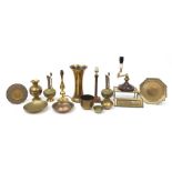 19th century and later brassware including Corinthian column table lamp, Cairo ware dish, engraved