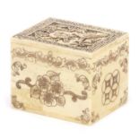 Chinese bone container carved with birds and flowers, 5.5cm H x 6.5cm W x 5cm D : For Further