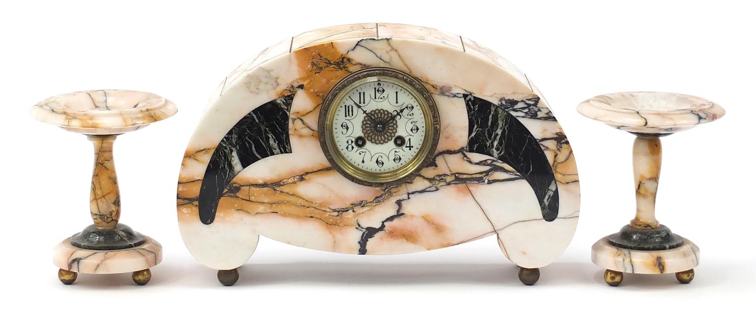 French Art Deco marble mantle clock with garnitures, the clock having a dial with Arabic numerals,