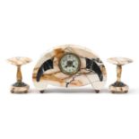 French Art Deco marble mantle clock with garnitures, the clock having a dial with Arabic numerals,