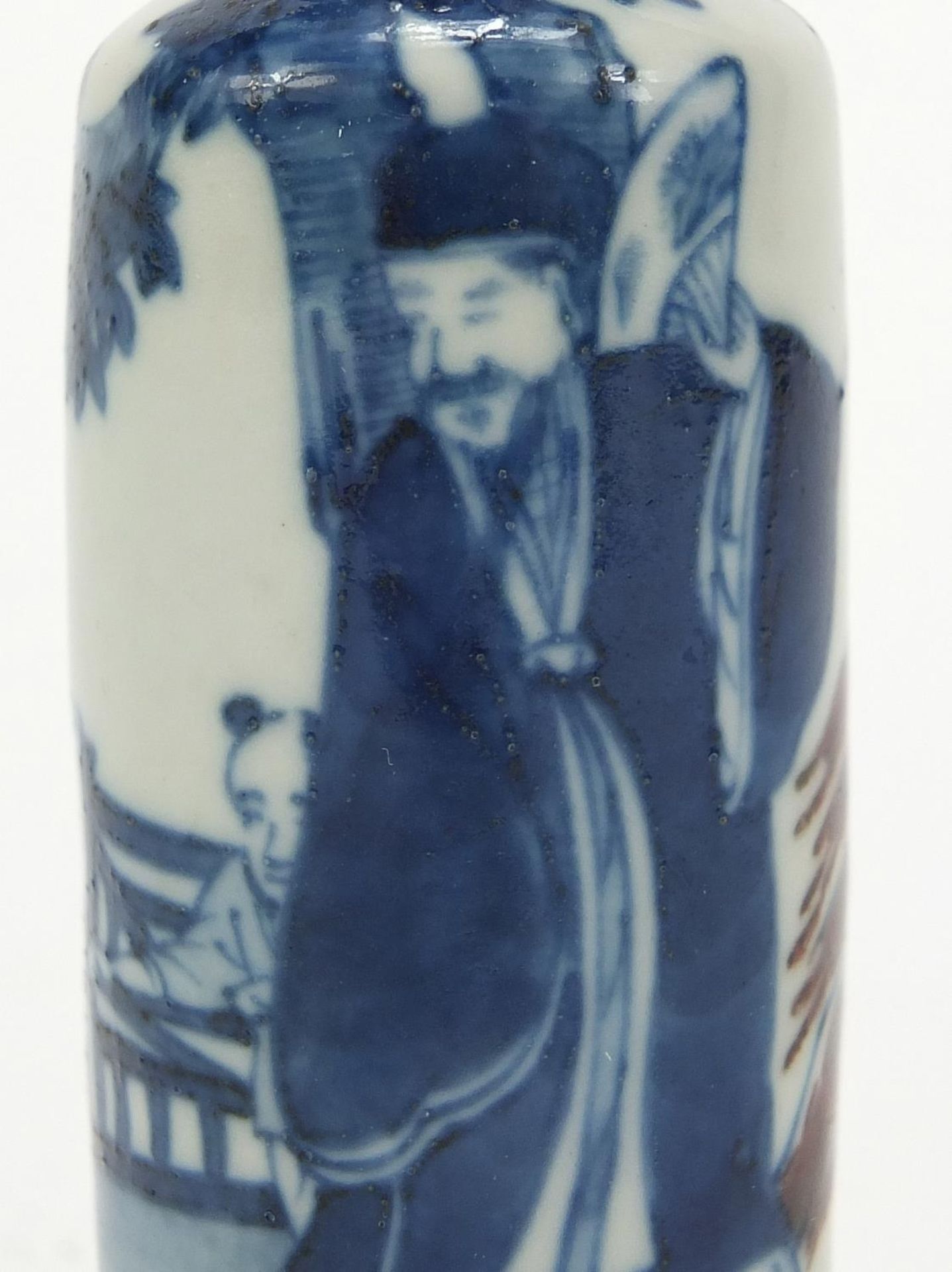 Chinese blue and white with iron red porcelain snuff bottle hand painted with figures in a - Image 2 of 9