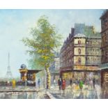 Parisian street scene, Impressionist oil on canvas, bearing an indistinct signature, possibly T