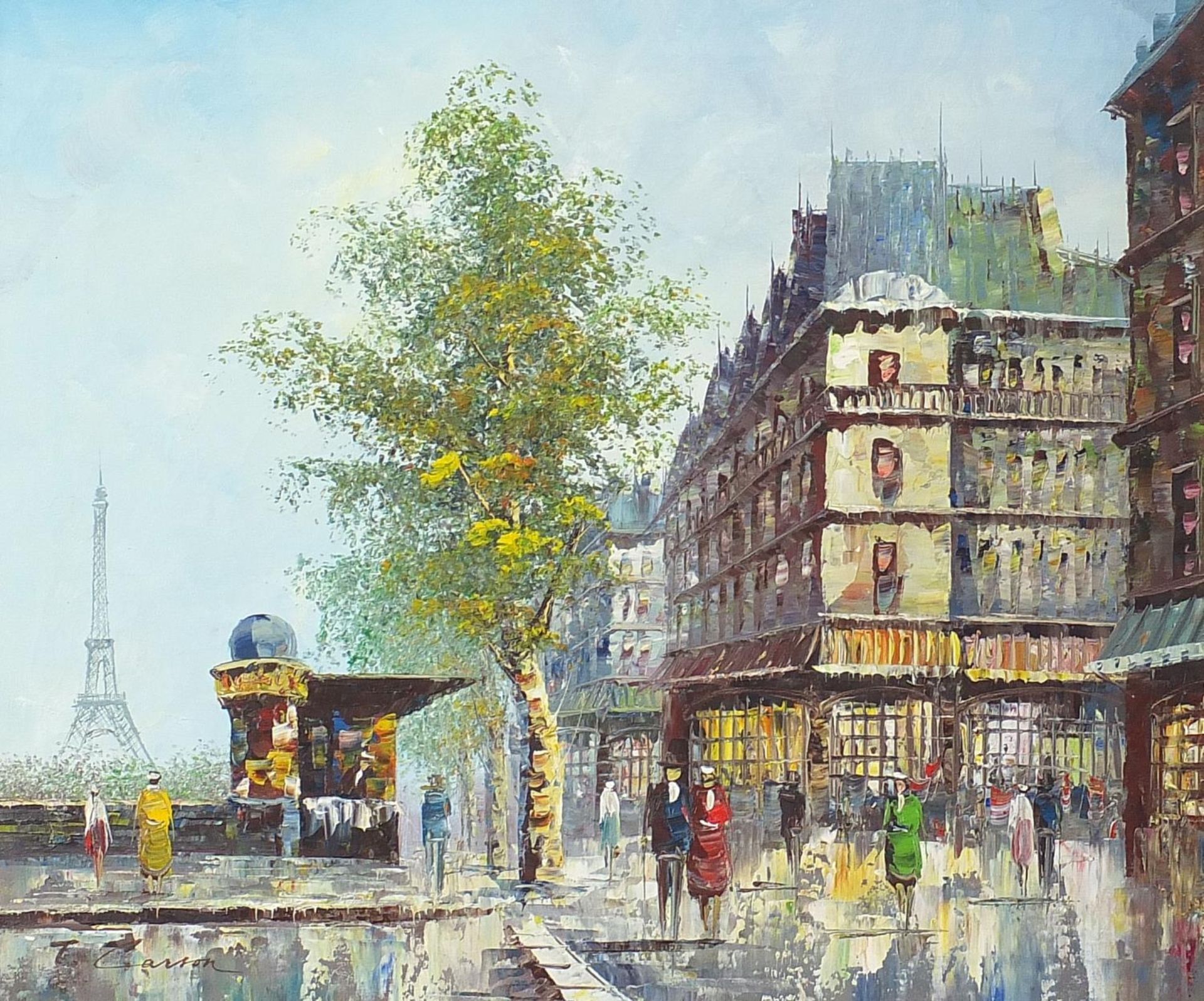 Parisian street scene, Impressionist oil on canvas, bearing an indistinct signature, possibly T